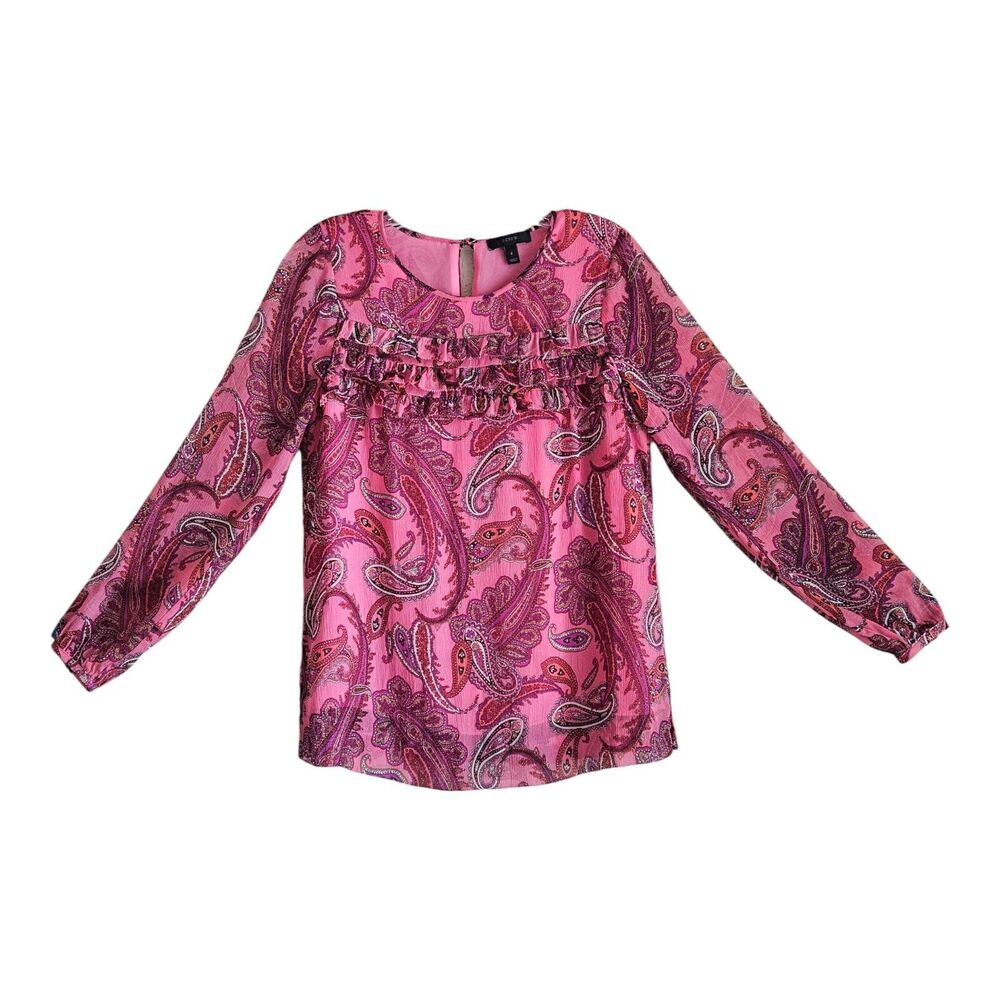 J. CREW Women 0 Silk Blouse Top Pink Paisley Ruffles Lined Long Sleeve Bust 34"
